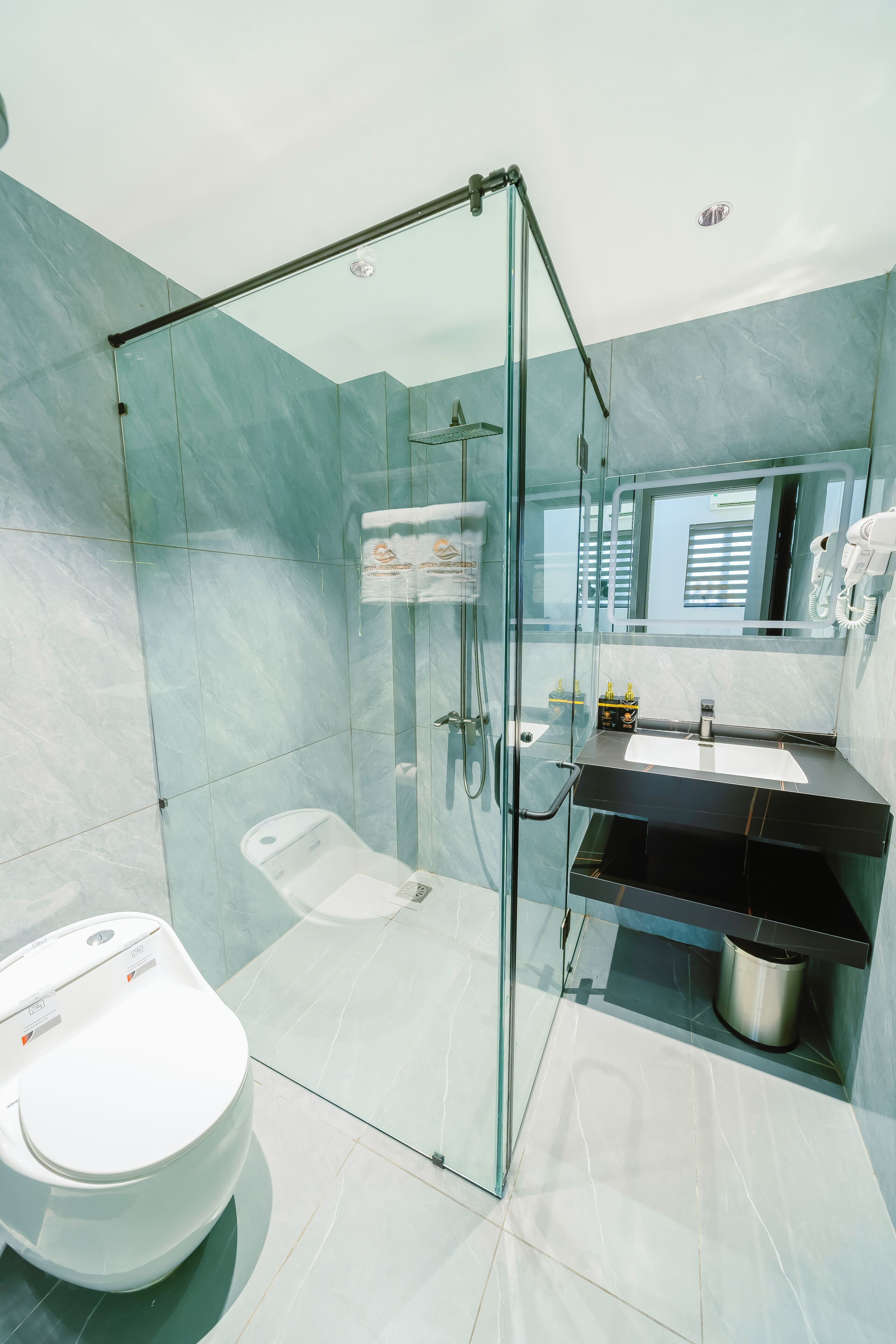 A modern bathroom with a glass-enclosed shower, a white toilet, and a black sink with a mirror above it.