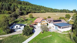 A residential area with houses, a road, and a forested hill. - Hochstuhlblick by Interhome (Ludmannsdorf)