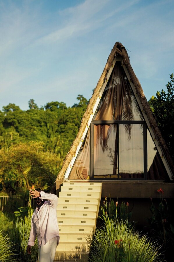 A small, triangular-roofed structure with a glass door and a wooden staircase leading up to it.