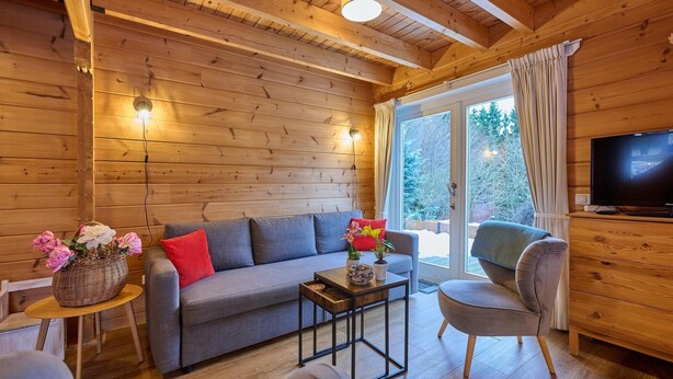 Un interior de cabaña acogedor, con techo de madera, un sofá gris, una mesita con un jarrón de flores y un televisor sobre un mueble de madera.