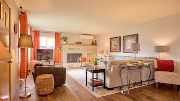 Smart TV, fireplace, books