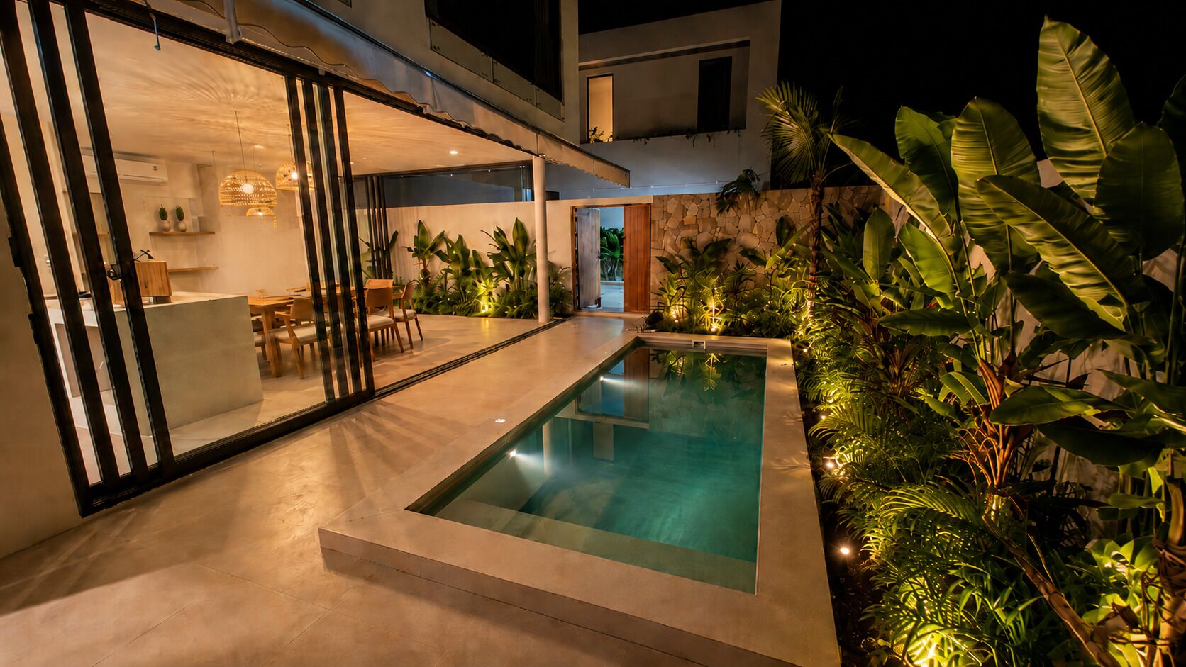 Outdoor pool, pool umbrellas, pool loungers