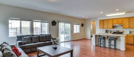 TV, fireplace, books