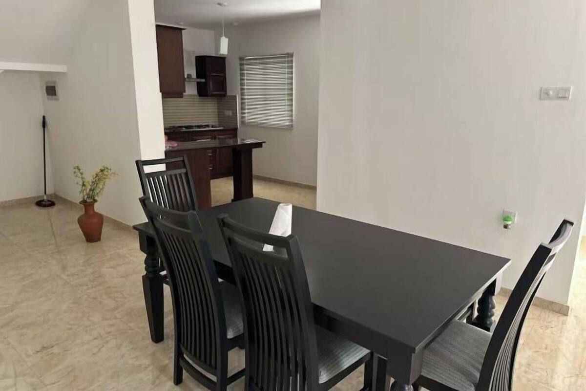 A dining area with a rectangular table and six chairs, a potted plant, and a kitchen in the background.