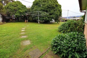 A grassy backyard with a clothesline, a stone pathway, and a hedge. - Nature Lovers: Snowy Cottage Escape! Book Direct (Talbingo)