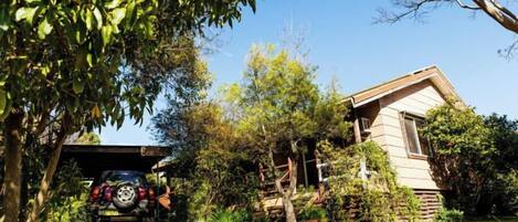 A house with a garage, surrounded by trees and a garden.