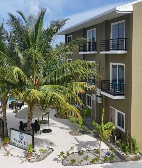 Un immeuble à plusieurs étages doté de balcons, entouré de palmiers et bordé d’une cour sablonneuse.