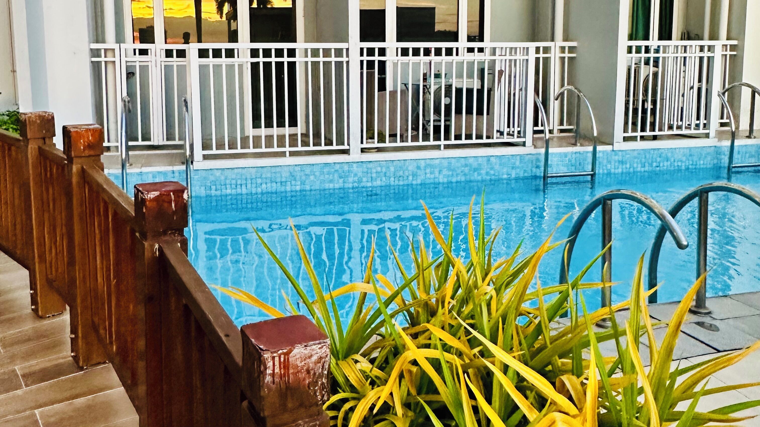 Una piscina con plataforma de madera y barandillas metálicas, rodeada de macetas con plantas.