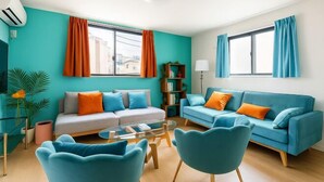 A modern living room with teal walls, two sofas, a glass coffee table, and blue chairs. - Senju gawaracho 2･3F (Tokyo)