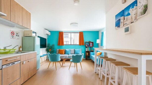 A modern kitchen with wooden cabinets, a dining area with blue chairs, and a bar with white stools. - Senju gawaracho 2･3F (Tokyo)