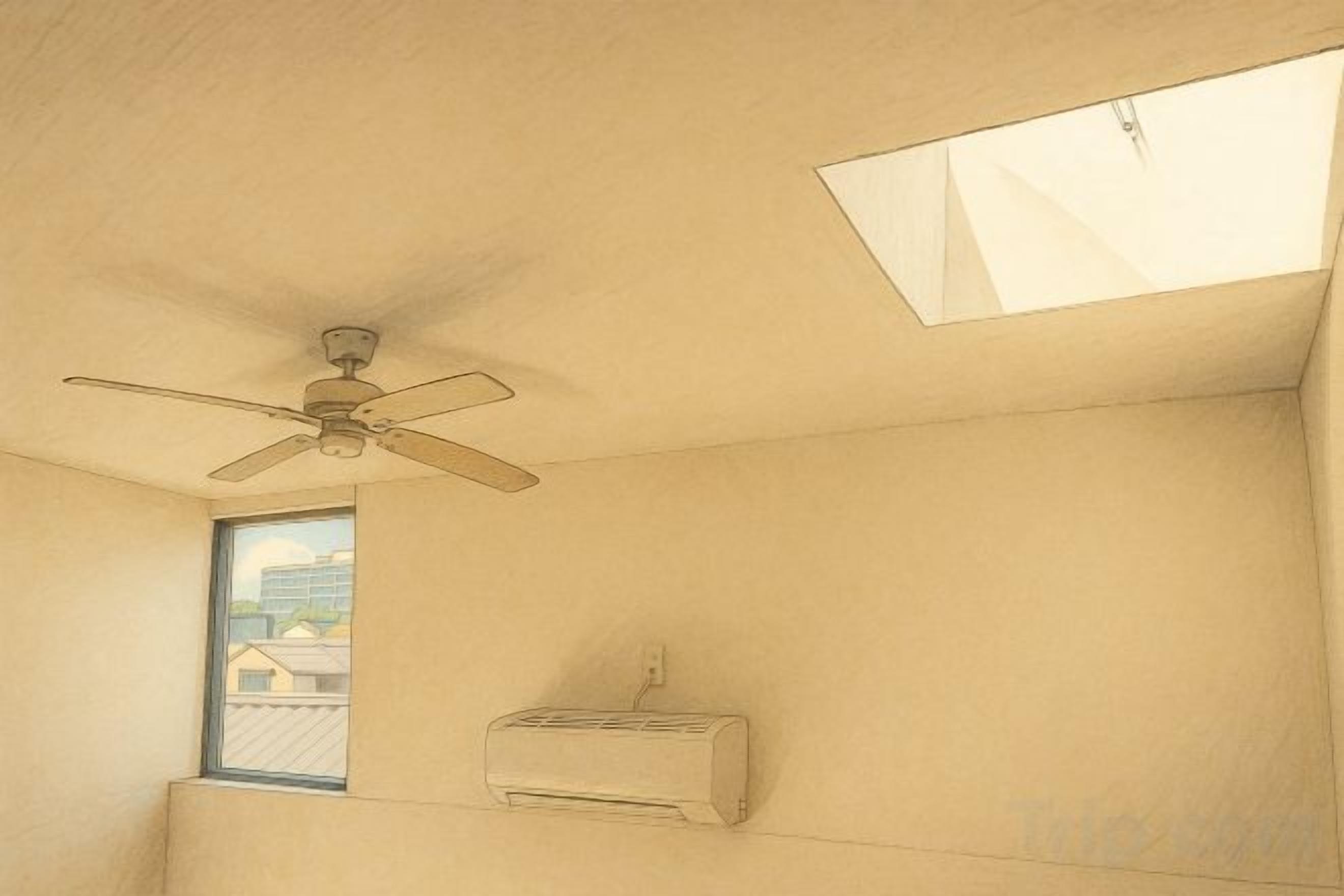 A room with a ceiling fan, a window, and a wall-mounted heater.