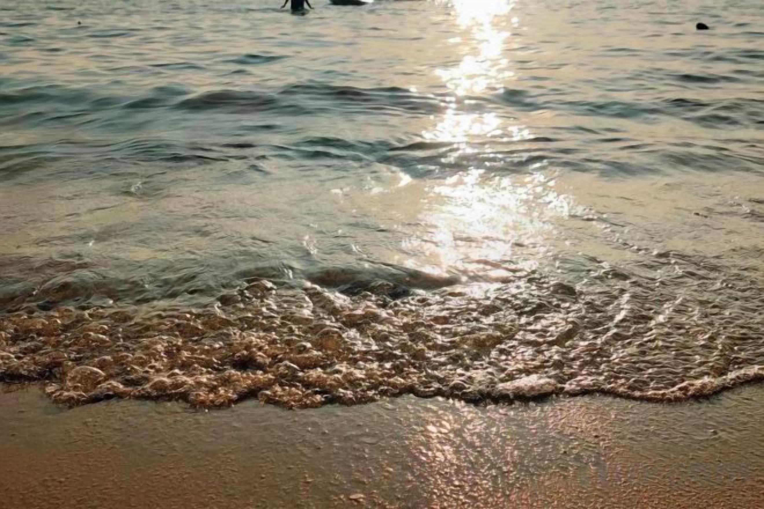 A beach with waves gently lapping onto the shore.