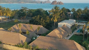 A resort with thatched-roof huts, palm trees, and a view of the sea.