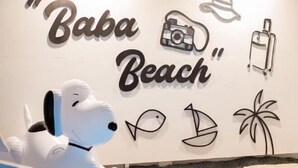 A wall with the words "Baba Beach" and various icons like a camera, sunglasses, and a suitcase. - Baba beach (Pattaya)