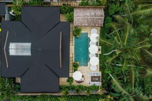 Eine Dachterrasse mit Swimmingpool, umgeben von Palmen und Sitzgelegenheiten im Freien.