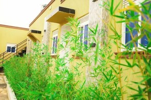 A building with a yellow facade, a staircase, and a row of green plants in front.