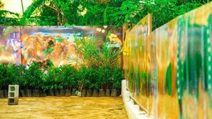 A paved courtyard with a mural, potted plants, and a low wall. - Erykah Hotel Mityana Road (Mawokota)