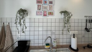 A kitchen with a tiled backsplash, a sink, a hanging plant, and a wall-mounted light fixture. - Holiday Apartment at Conradhof 2 with Garden and Nature Views (Goch)
