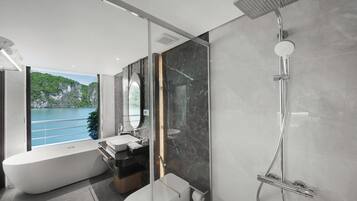 Rainfall showerhead, free toiletries, hair dryer, towels