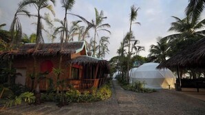A pathway leading to a thatched-roof structure surrounded by palm trees. - Carabao Island Beach Camp (San Jose)