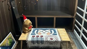 A cozy room with a wooden bench, a plush toy, and a decorative pillow with a cat design. - Nha Cua Bot – 5BR 4BA in DaLat (Dalat)