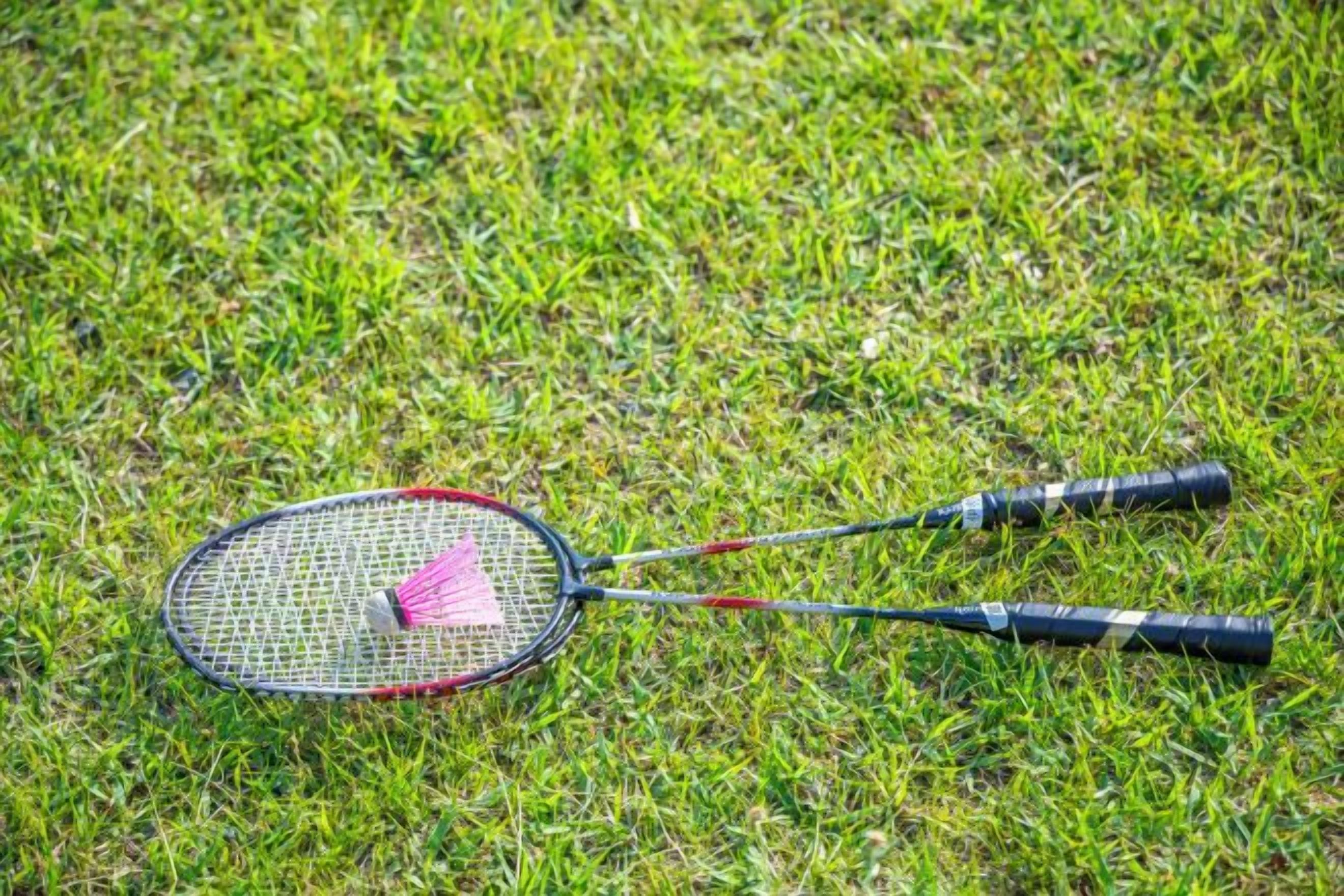 A badminton racket on a grassy surface.