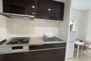 A compact kitchen with dark cabinetry, a stainless steel countertop, a gas stove, and a built-in dishwasher. - Relax House (Tokyo)