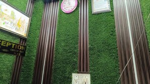 A reception area with a green artificial grass wall, a pink clock, and a framed picture. - Shiv Kashi Paying Guest House (Varanasi)
