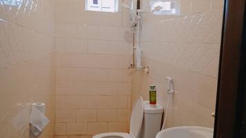 Douche, serviettes fournies, savon, papier toilette
