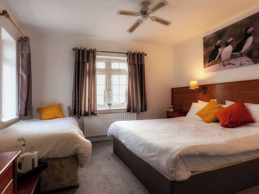 Ein Hotelzimmer mit zwei Einzelbetten, einem Holzkopfteil, einem Deckenventilator, einem Fenster mit Vorhängen und einem Wandbild von Papageitauchern.