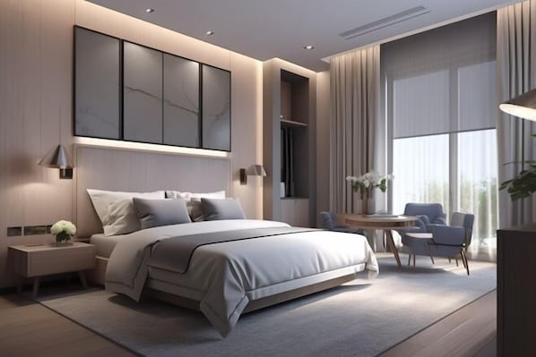 A modern bedroom with a large bed, bedside tables, a desk, and a chair.