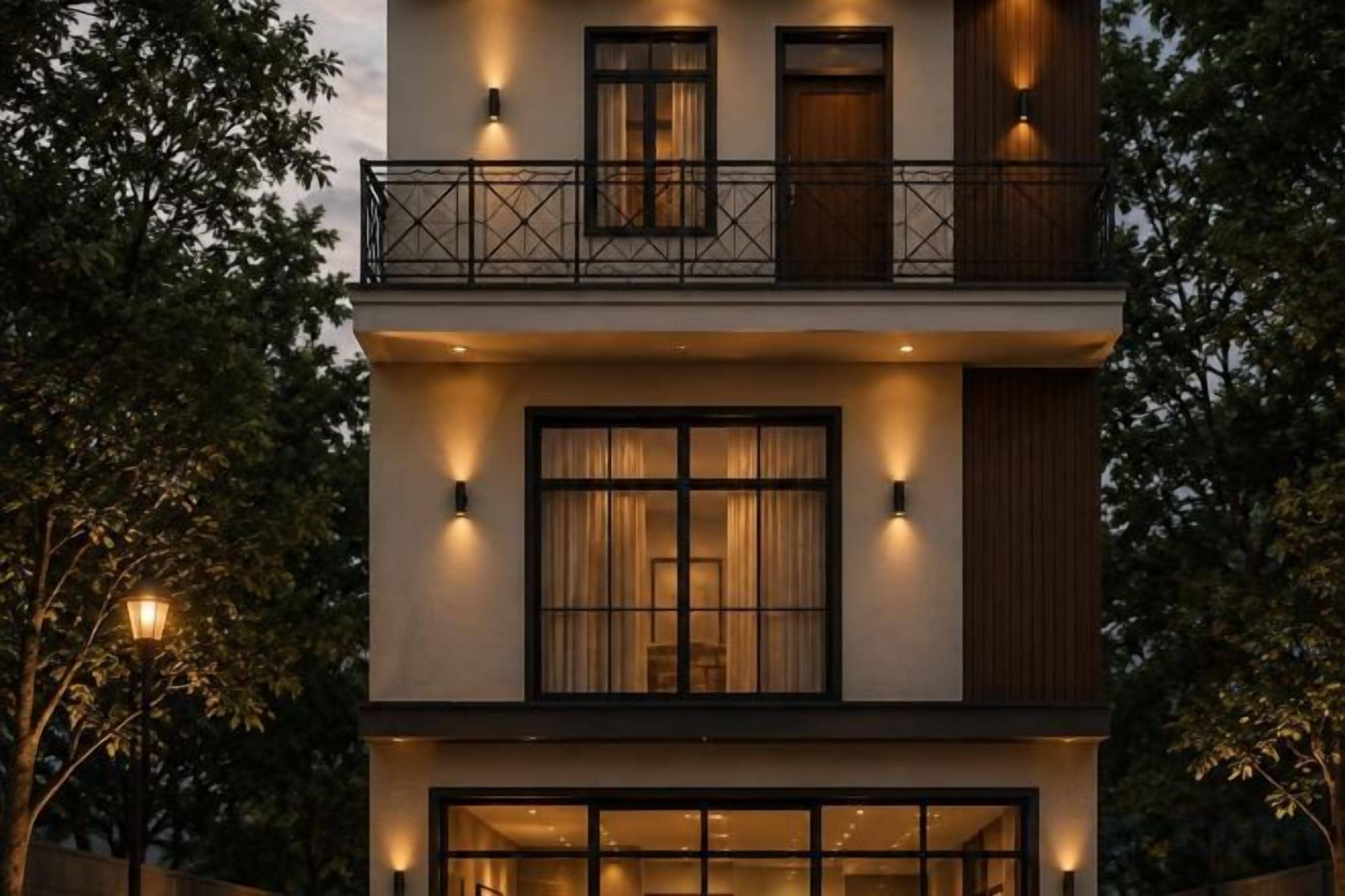 A multi-story building with balconies, large windows, and exterior lighting.