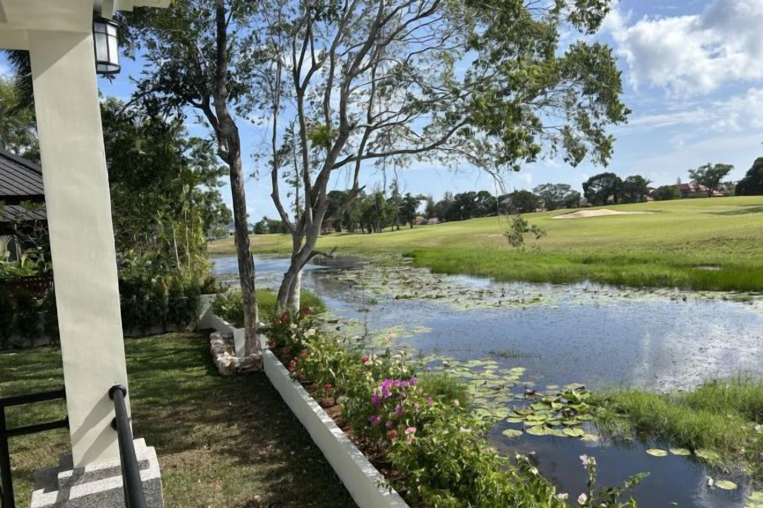 A tranquil outdoor setting with a pond, trees, and a grassy area.