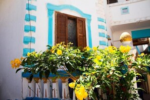 Un edificio con fachada azul y blanca, una ventana con contraventanas de madera y una planta con flores amarillas en primer plano.