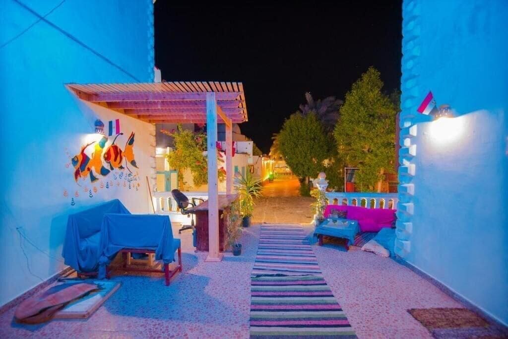 An outdoor seating area with a covered table, chairs, and a striped rug.