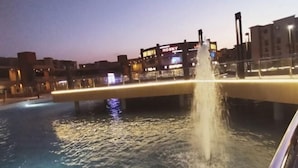 Een nachtzicht van een brug over het water, met een fontein in het midden, omgeven door gebouwen met verlichte reclameborden.