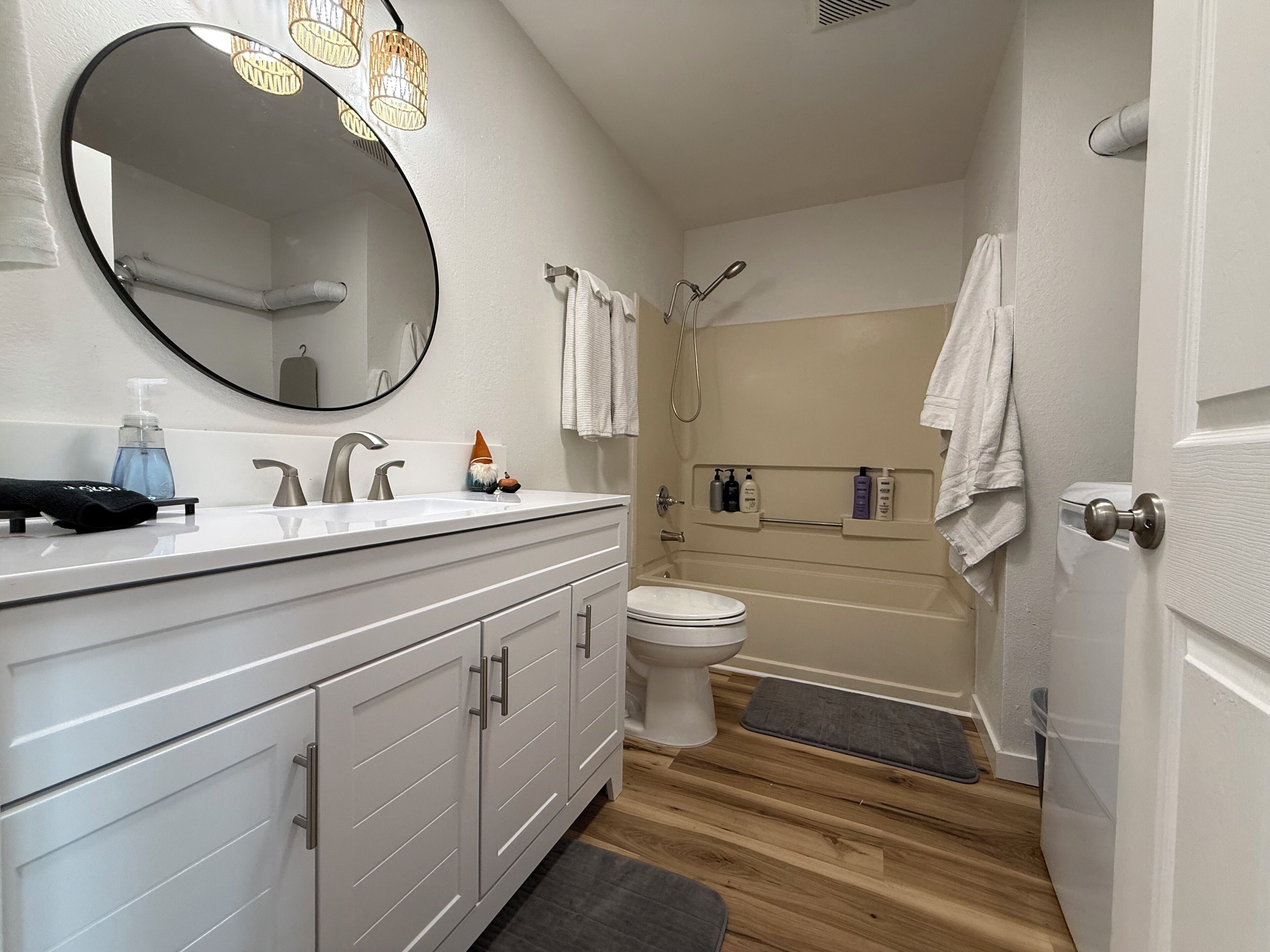 Hair dryer, towels, soap, toilet paper