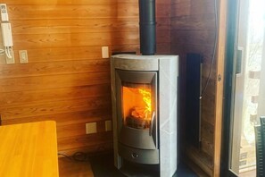 Ein Kaminofen mit sichtbaren Flammen, eine Holzwand und eine Tür, die zu einem Außenbereich führt.