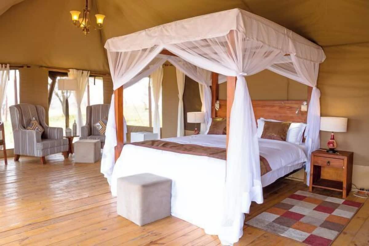 A four-poster canopy bed with a wooden headboard, a bedside table with a lamp, a cushioned bench, and a patterned rug.