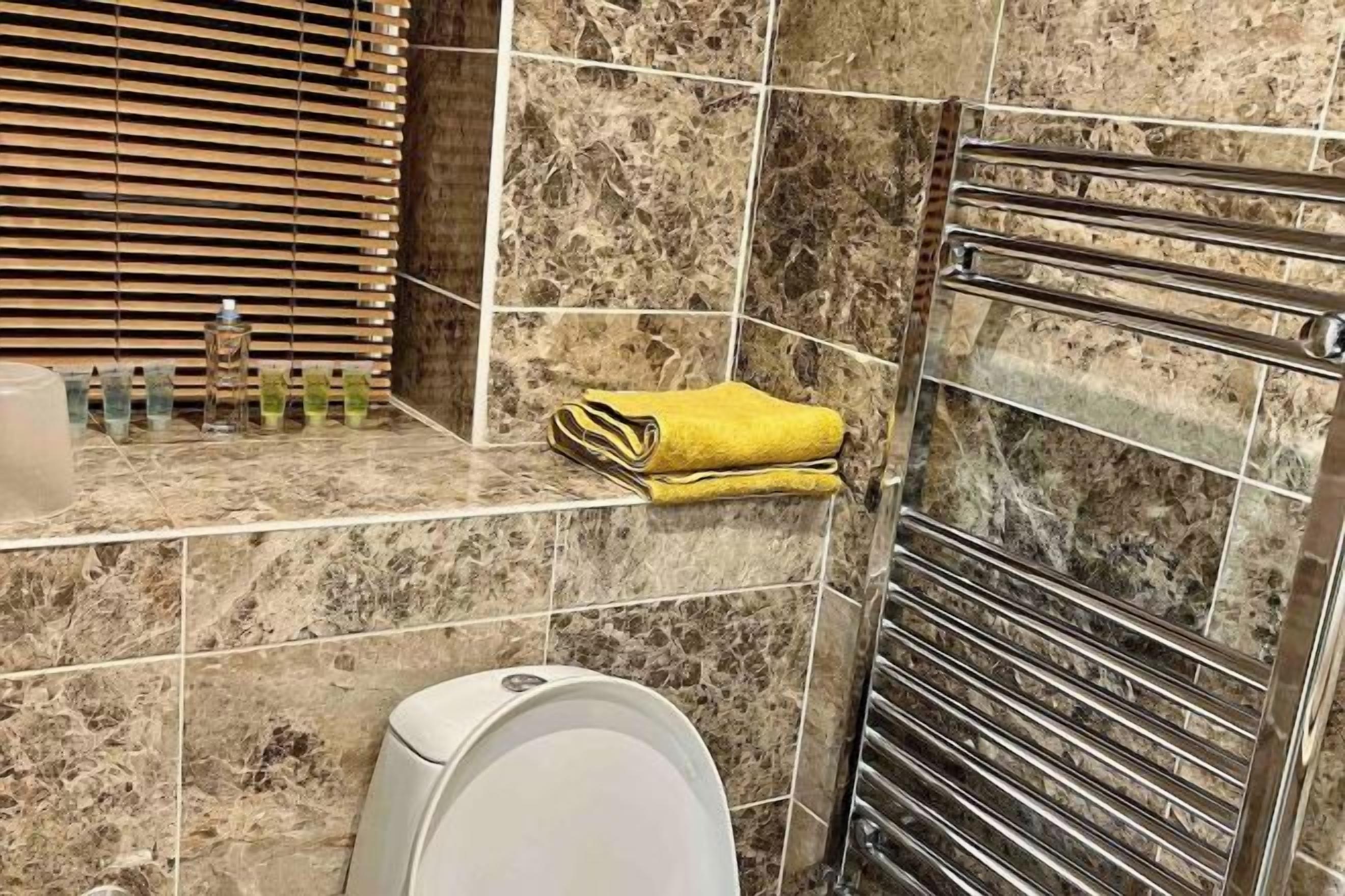 A bathroom with a toilet, a towel rack with towels, and a hand dryer.