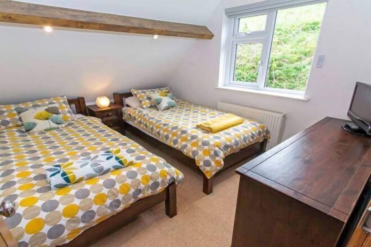 A bedroom with two beds, a desk, and a window.