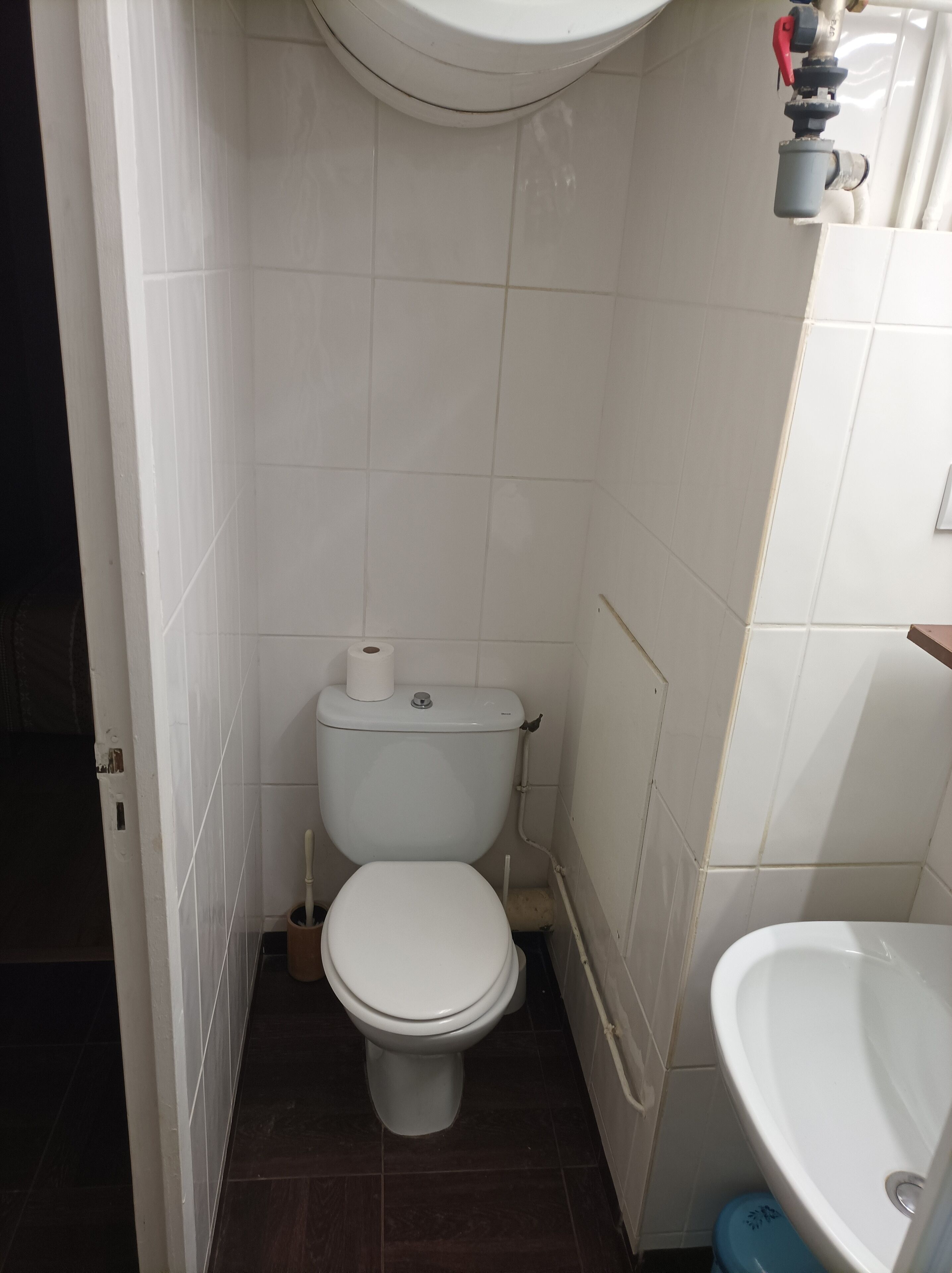 Et lille, kompakt badeværelse med toilet, håndvask og toiletpapirholder.