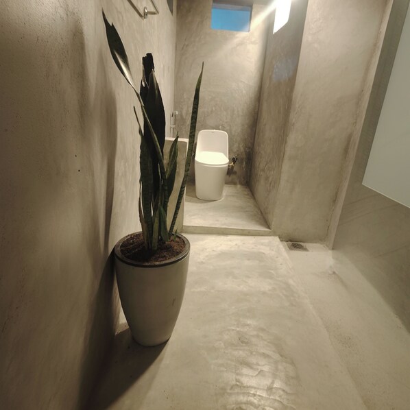Bidet, towels, soap, toilet paper