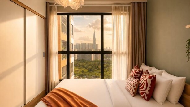 Habitación de hotel con una cama grande, vistas a un paisaje urbano y una lámpara de araña moderna.
