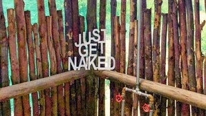 A rustic wooden structure with a metal showerhead, surrounded by vertical wooden beams and a mesh screen.