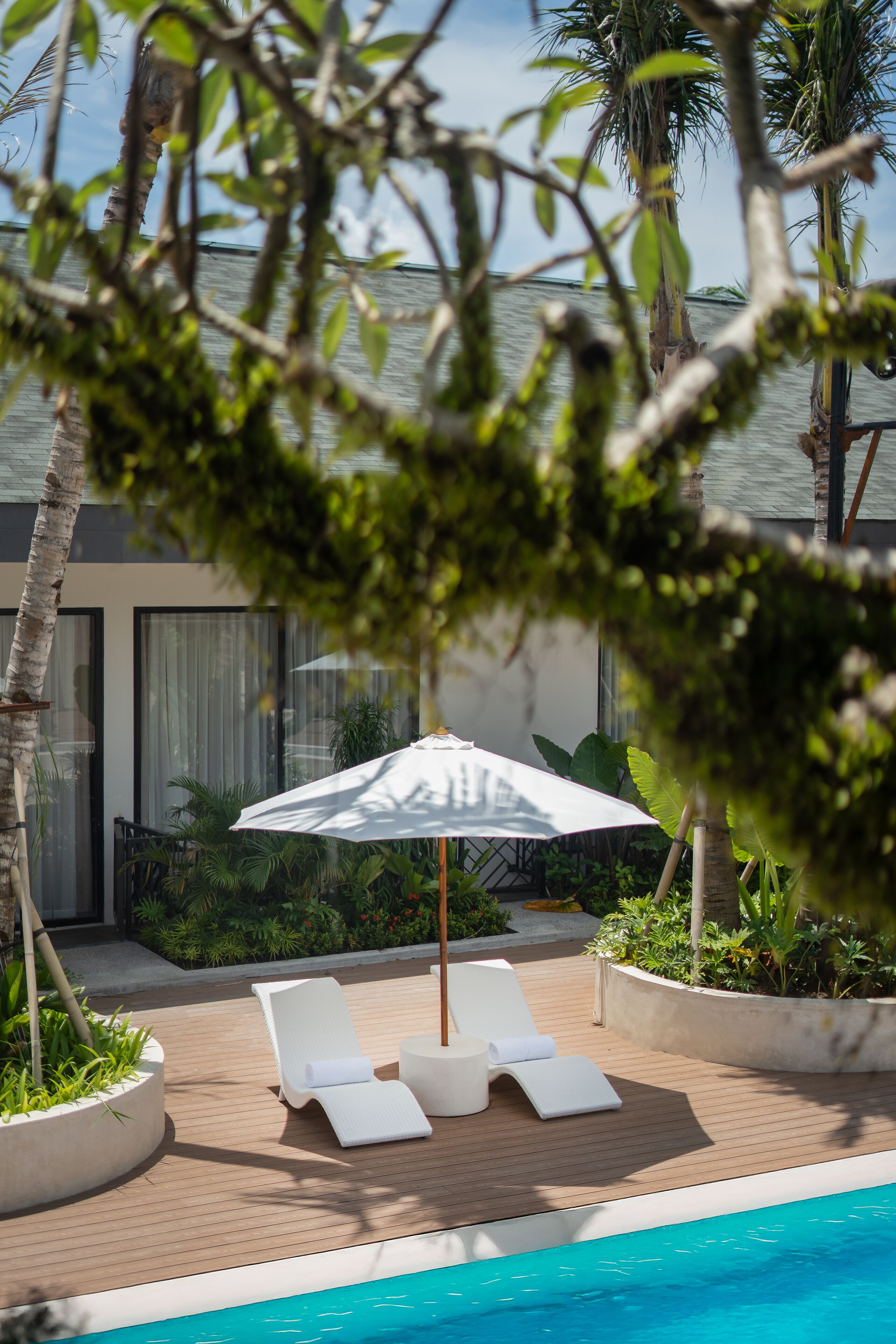 A poolside area with lounge chairs and an umbrella, surrounded by palm trees and plants.