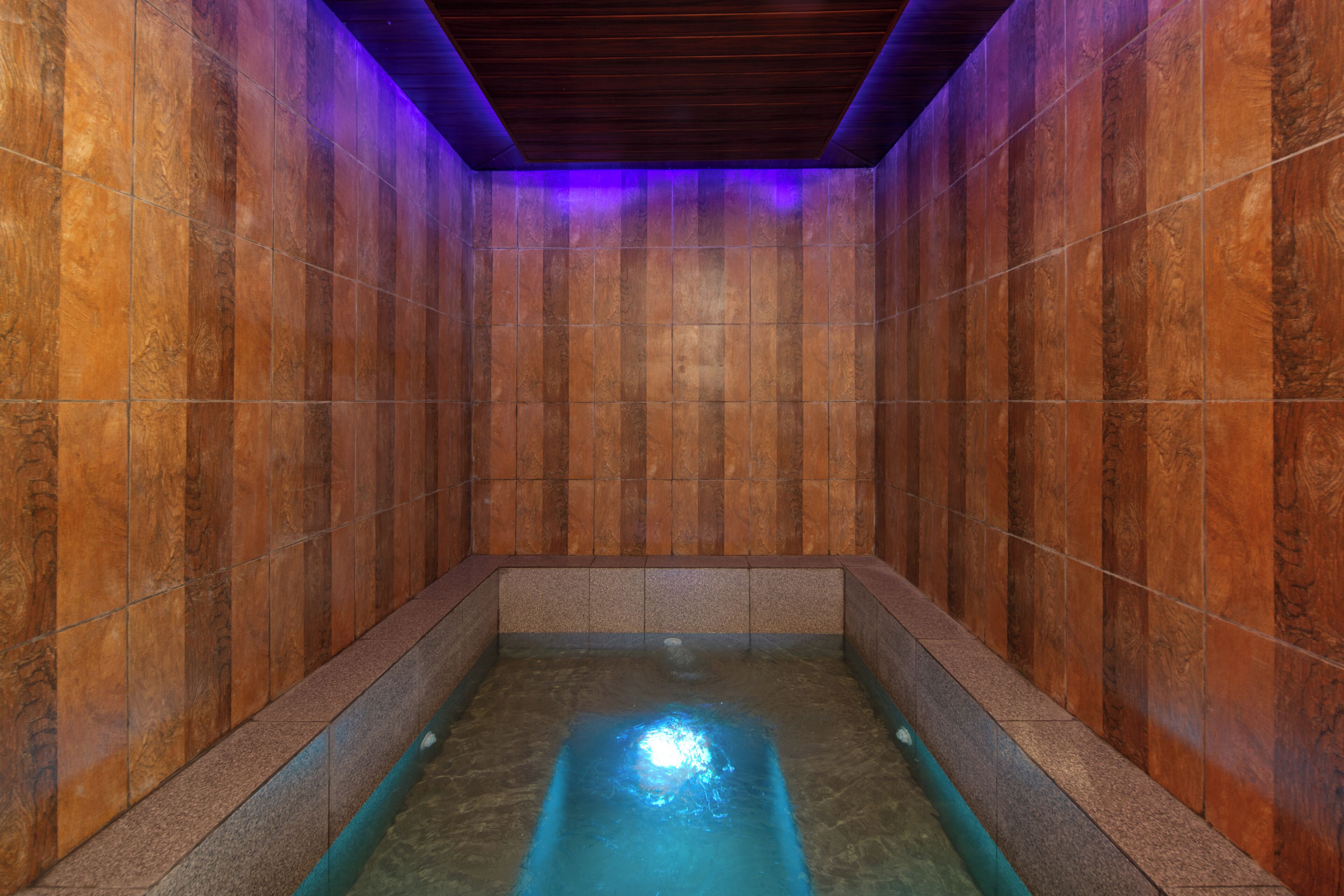 Ein Spa-Raum mit einer rechteckigen Whirlwanne, gefliesten Wänden und einer Holzboden.