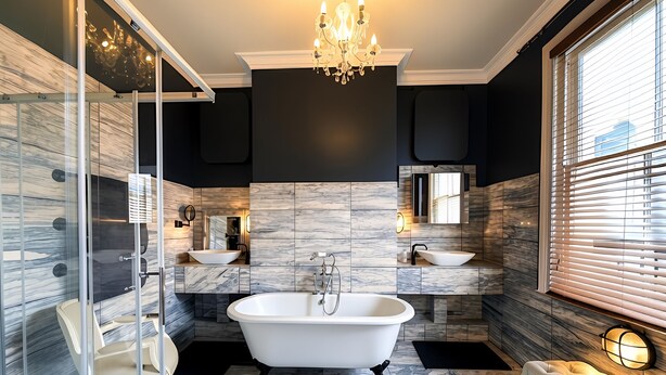 A modern bathroom with a freestanding bathtub, two sinks, a glass shower enclosure, and a chandelier. - Giant Seafront Palace, Town, Walled Garden, Super King Bedroom Suites, & Parking (Eastbourne)
