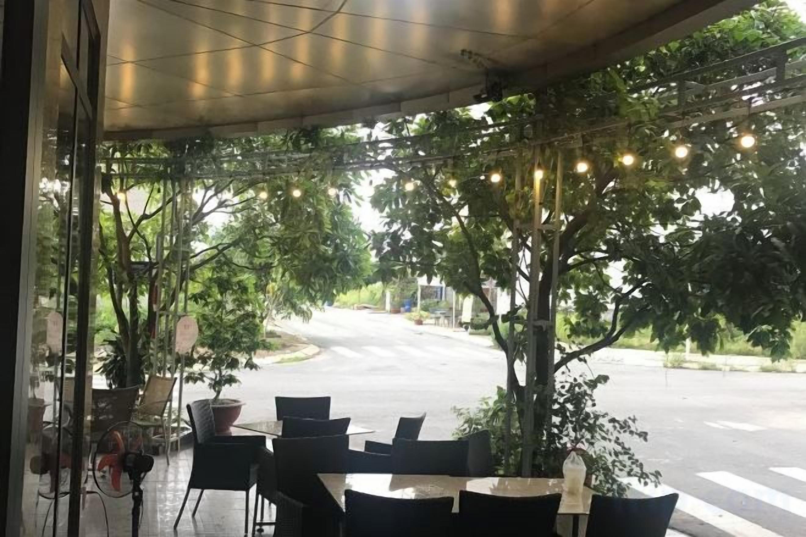 An outdoor cafe with tables and chairs, potted plants, and a view of a street.