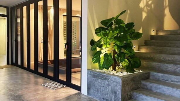 A modern interior with a glass partition, a staircase, and a potted plant. - The Luxurious 231, Lake House Villa (Pegoh)